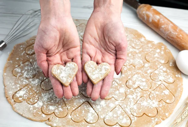 Woman Hands Holding Two Hearts Made Dough Homemade Pastry Cooking — Zdjęcie stockowe
