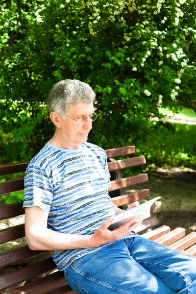 Senior Man Resting Bench Park Reading Book Bright Sunny Day — Fotografia de Stock