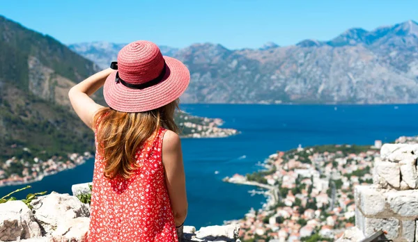 Young Girl Tourist Enjoys Seascape Back View Boka Kotorska Bay —  Fotos de Stock
