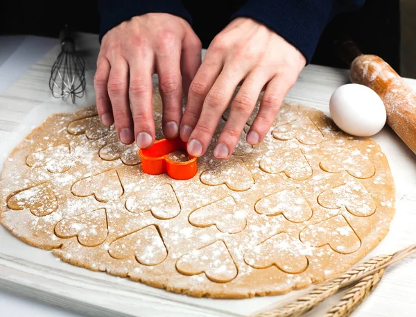 Man Hands Cutting Hearts Dough Home Kitchen Homemade Pastry Cooking — Φωτογραφία Αρχείου