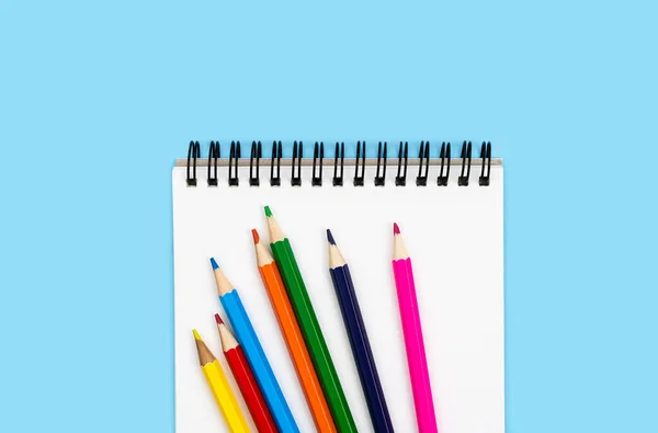 Bright Colored Pencils Blank Notebook Blue Background Back School Flatlay — Photo