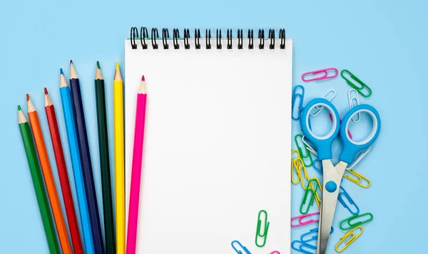 White Blank Notebook Colorful School Stationery Blue Background Mockup Flatlay — Stockfoto
