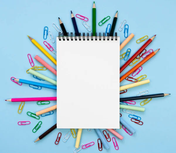 Blank Notebook Copy Space School Stationery Blue Background Flatlay Mockup — Stockfoto