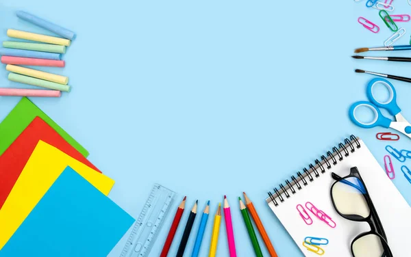 Flatlay Composition Colorful School Supplies Blue Background Copy Space Back — Stockfoto