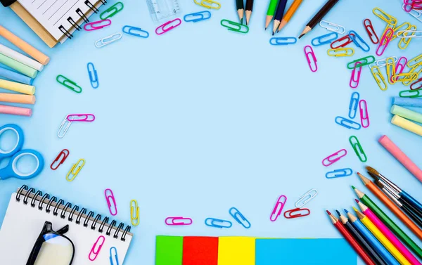 Colorful School Stationery Lie Shape Frame Blue Background Back School — Stockfoto