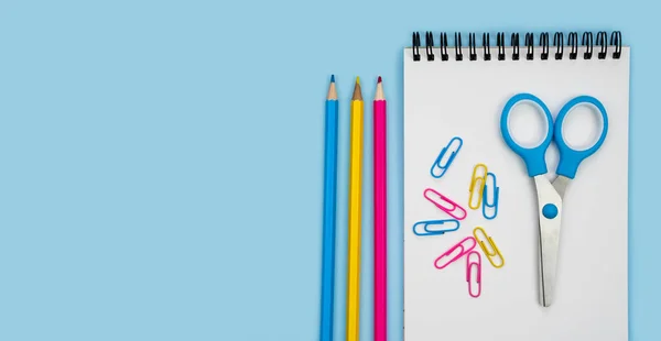 Notebook Scissors Pencils Blue Background Back School Banner Flatlay Top — Stockfoto