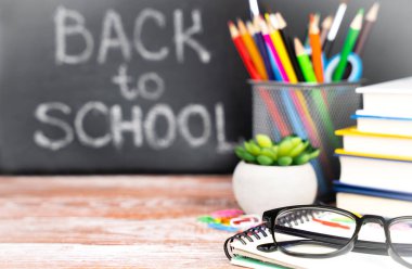 Back to school. Knowledge Day. School composition. Copy space. Close-up. Selective focus.