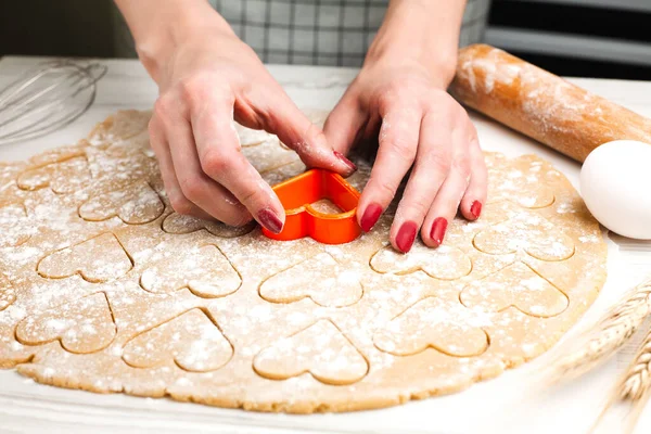 Woman Hands Cutting Hearts Dough Home Kitchen Homemade Pastry Cooking — Zdjęcie stockowe