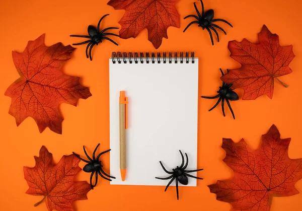 Δημιουργική Σύνθεση Κενό Σημειωματάριο Στυλό Φθινοπωρινά Φύλλα Και Αράχνες Πορτοκαλί — Φωτογραφία Αρχείου