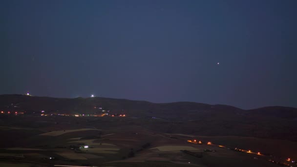 7680X4320P Moon Rise Night Starry Sky Mountain Midnight Lights Village — стоковое видео