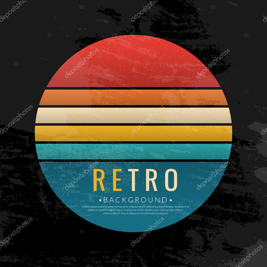 Vintage sunset circle retro sunrise sun. Retro rainbow 70s colors background. Vector illustration