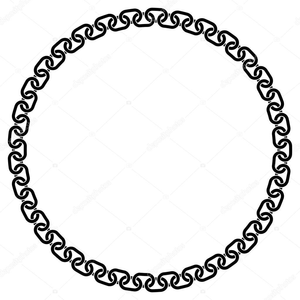Abstract chain round frame. Black circle frames with chains patterns isolated on white background. Chainlet design element. Border template