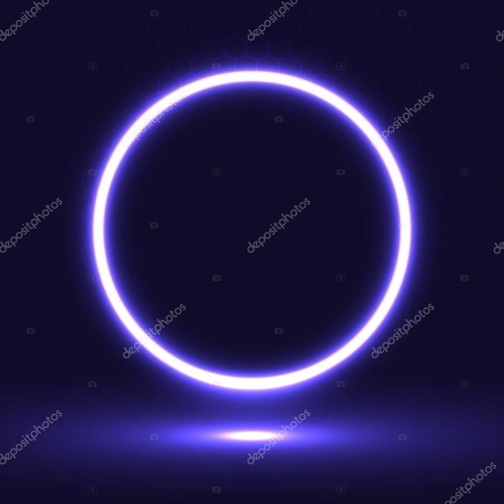 Circle neon shapes futuristic background. Cyberpunk geometric concept. Round electric banner. Vector illustration.