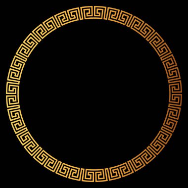 Golden round greek frame. Golden circle frames with traditional patterns isolated on black background. Greece circular ornament. Border template.