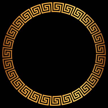 Golden round greek frame. Golden circle frames with traditional patterns isolated on black background. Greece circular ornament. Border template.