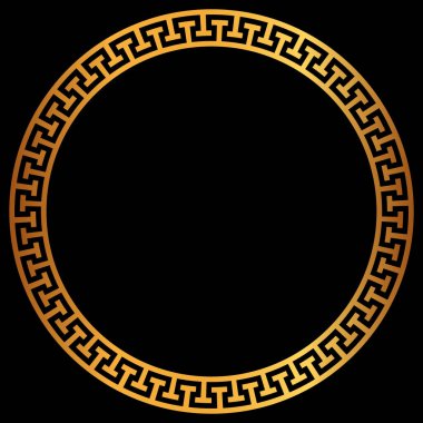 Golden round greek frame. Golden circle frames with traditional patterns isolated on black background. Greece circular ornament. Border template.