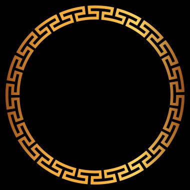 Golden round greek frame. Golden circle frames with traditional patterns isolated on black background. Greece circular ornament. Border template.