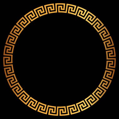 Golden round greek frame. Golden circle frames with traditional patterns isolated on black background. Greece circular ornament. Border template.
