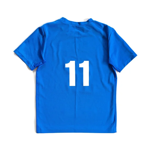 Shirt Blå Färg Med Nummer Isolerad Vit Bakgrund Ovanifrån Närbild — Stockfoto