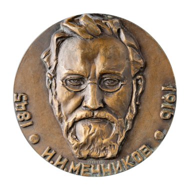 Ulyanovsk, Russia - September 14, 2021: Jubilee medal of the famous Russian French biologist physiologist Nobel Prize laureate Ilya Ilyich Mechnikov, illustrative editorial clipart