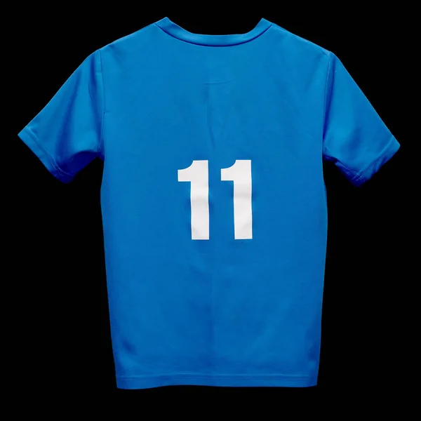 Tričko Modrá Barva Číslem Izolované Černém Pozadí Horní Pohled Zblízka — Stock fotografie