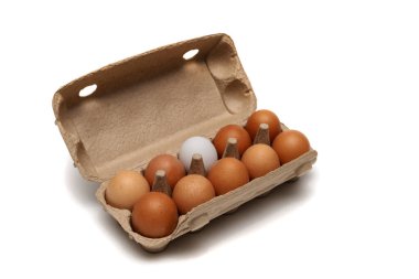 Geri dönüşümlü kağıttan yapılmış basılmış kağıttan yapılmış çevre dostu ambalajlı tavuk yumurtası. Beyaz arka planda kahverengi ve beyaz yumurta kontrastı .