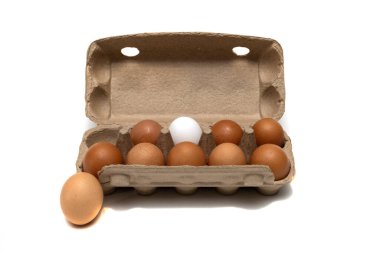 Geri dönüşümlü kağıttan yapılmış basılmış kağıttan yapılmış çevre dostu ambalajlı tavuk yumurtası. Beyaz arka planda kahverengi ve beyaz yumurtalar .