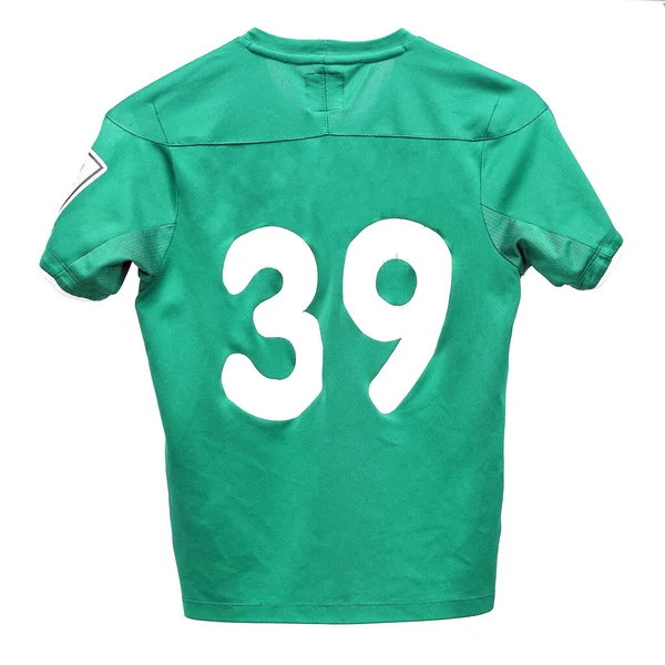 Tričko Zelené Barvě Číslem Izolované Bílém Pozadí Horní Pohled Zblízka — Stock fotografie
