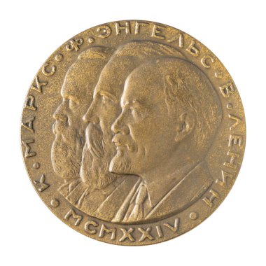 Ulyanovsk, Rusya - 09 Ocak 2022: Büyük masaüstü madalyası büyük Alman filozof, ekonomist Karl Marx, Friedrich Engels ve Ulyanov Lenin yakın plan illüstrasyon