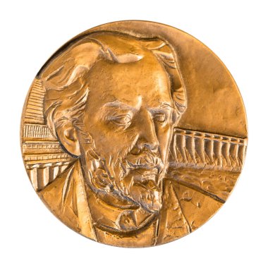 Ulyanovsk, Rusya - 09 Ocak 2022: Jubilee madalyası büyük masaüstü madalyonu ünlü Rus mimar Viktor Alexandrovich Vesnin.