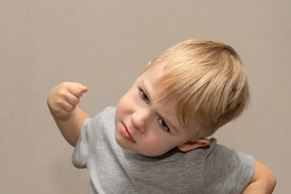 Cute Boy Gray Shirt Blond German Age Years Isolated Gray — Stock Photo, Image