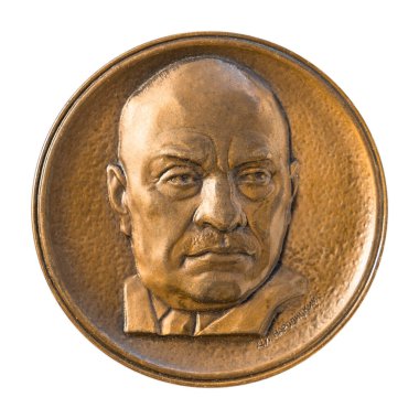 Ulyanovsk, Rusya - 09 Ocak 2022: Jubilee madalyası büyük masaüstü madalyonu ünlü Rus mimar Alexey Viktorovich Shchusev yakın plan illüstrasyon editörü.