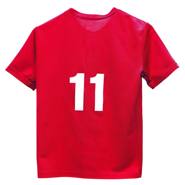 Tričko Červená Barva Číslem Izolované Bílém Pozadí Horní Pohled Zblízka — Stock fotografie