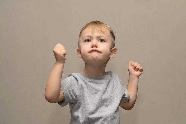 Gri tişörtlü yakışıklı, sarışın, Avrupalı 3 yaşında, gri arka planda izole edilmiş. Reklam planı için iletişim kuruyor. Seçici odak noktası ve bulanık arkaplanı olan yakın plan..