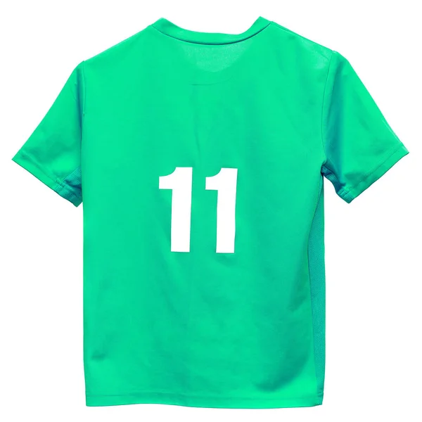 Tričko Zelená Barva Číslem Izolované Bílém Pozadí Horní Pohled Zblízka — Stock fotografie
