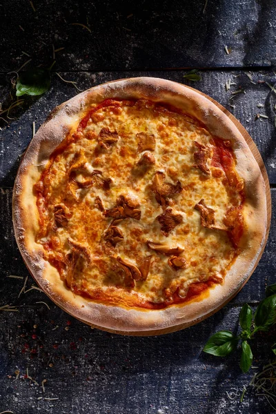Siyah ahşap arka planda izole edilmiş Chanterelli pizza.