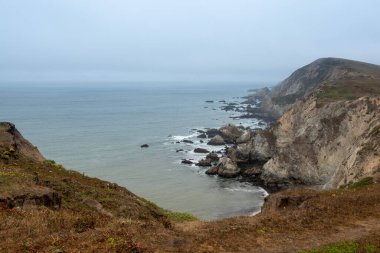 Point Reyes Ulusal Deniz Kıyısı 'ndaki Chimney Rock Trail' den deniz manzarası, Marin County, Kaliforniya, ABD, alçak gelgitte parçalı bulutlu bir günde,