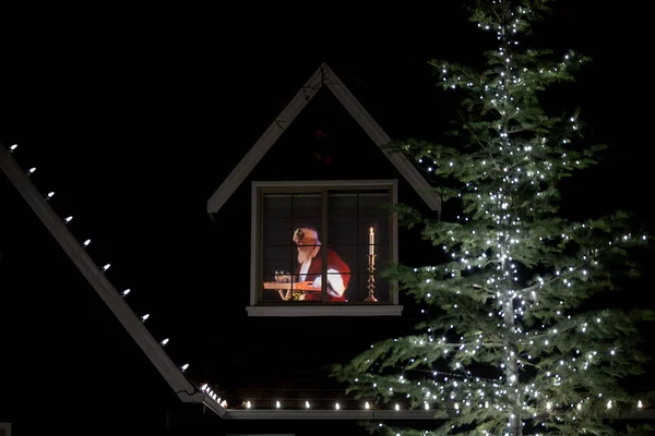 Santa Window House Black Background Holiday Season Concept Christmas Tree — Stockfoto