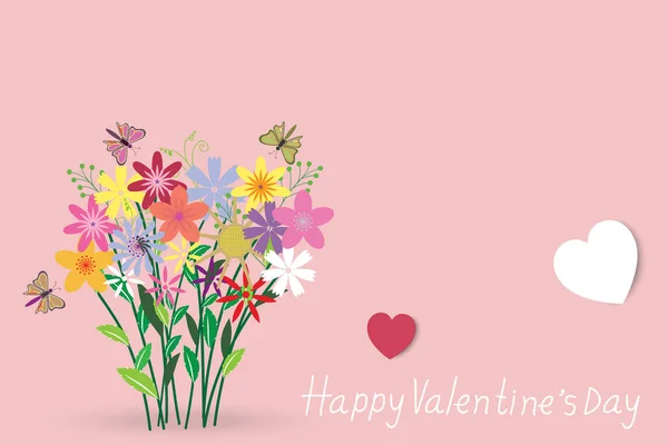 Fondo Del Día San Valentín Muchas Flores Hermosas Mariposas Volaron — Vector de stock