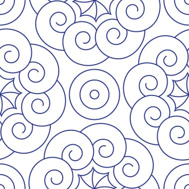 Yuvarlak şekilli kusursuz desen, beyaz renkli mavi çizgiler. Vektör illüstrasyonu.