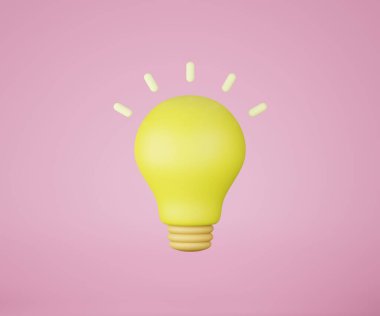 Pembe arka planda 3 boyutlu ampul, ikon, parlak fikir. 3B resimleme.