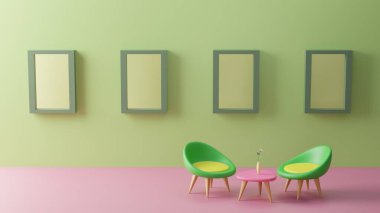 3D yeşil sandalyeler ve pembe yerdeki çiçekli pembe küçük masa. Duvarda dört yeşil resim çerçevesi var. Soldan gelen ışıklı bir oda. 3d resimleme.