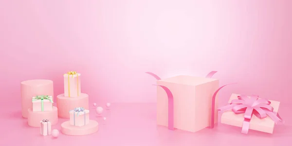 Pink open gift box and many small close gift box on podium,  geometry shape platform for product display, modern 3D background. 3D render illustration.