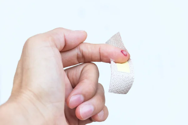 Use Cloth Plaster Index Finger Comes Prevent Infection — Stock Photo, Image