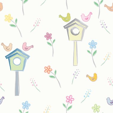 Kuş evi ve çiçeklerle suluboya kusursuz desen. Vektör illüstrasyonu.