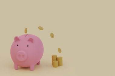 Piggy Bank and Coins, 3 boyutlu yatırım fikri, tasarruf. 3 Boyutlu resimleme.