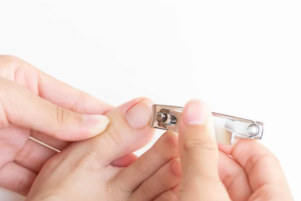 Woman Hand Using Nail Clipper Thumb Nails Feet — Stock Photo, Image