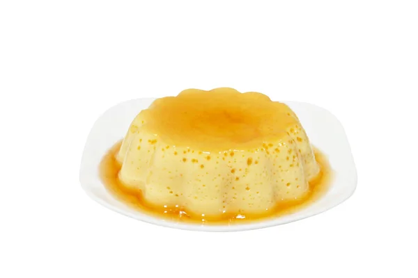 Custard Pudding White Plate Clipping Path — Stock Photo, Image