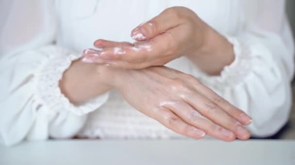 Hands Young Woman Applying Hand Cream Hands Massage High Quality — Stock video