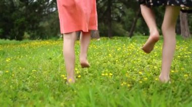 Unknown girls walk on green meadow at sunrise time. Rear view of female kid legs walking in city park. Unrecognizable child in pink dress playing in garden. High quality FullHD footage